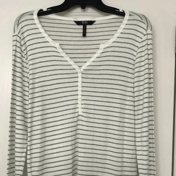 BCBG Paris Cotton Modal White Gray Striped Henley Long Sleeve Top Large Y2K - Picture 3 of 11
